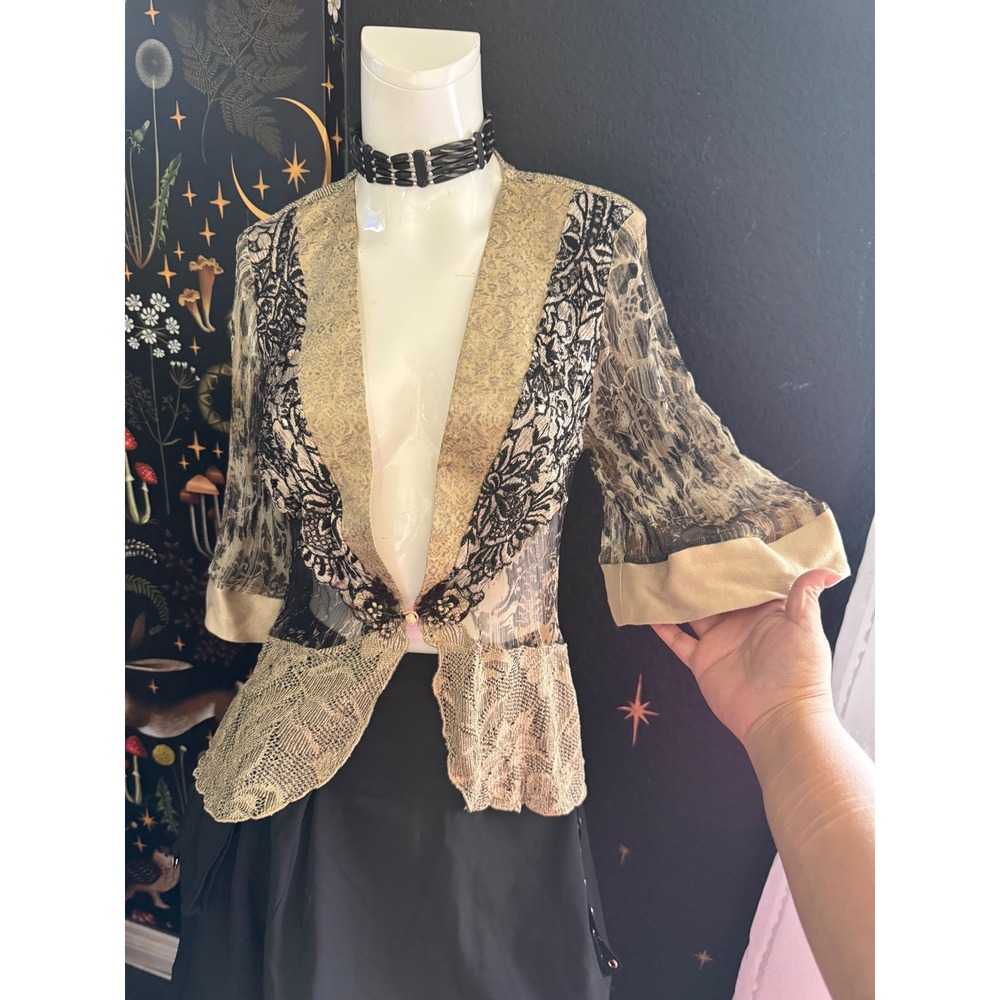 Spencer Alexis Gold Black Lace Sheer Cardigan Top Metallic Floral Large